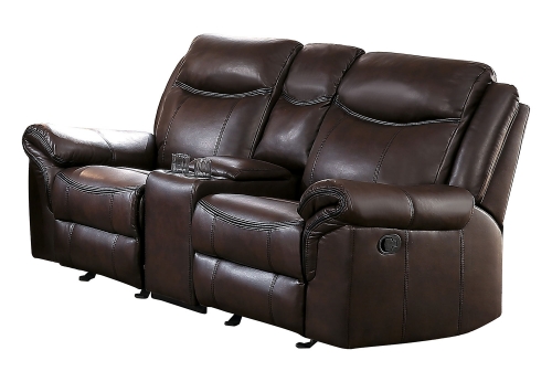 Aram Double Glider Reclining Love Seat with Center Console and Receptacles - Dark Brown AireHyde Match