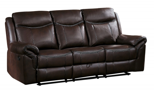 Aram Double Reclining Sofa with Drop-Down Table and Center Storage Drawer - Dark Brown AireHyde Match