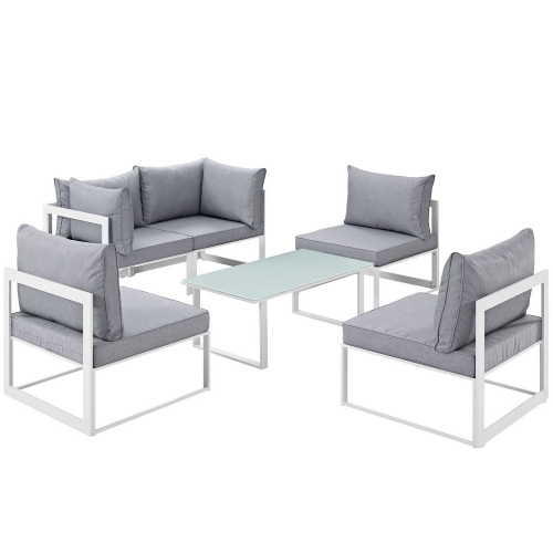 Fortuna 6 Piece Outdoor Patio Sectional Sofa Set - White/Gray