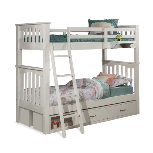 NE Kids Highlands Harper Twin/Twin Bunk Bed with (2) Storage Units and Hanging Nightstand - White Finish