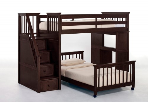 NE Kids SchoolHouse Twin Stair Loft Bed with Desk End and Twin Lower Bed - Chocolate