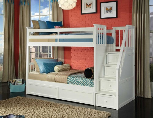 NE Kids SchoolHouse Stair Bunk Bed with Storage - White Finish