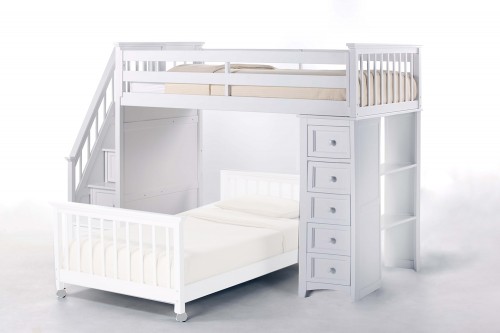 NE Kids SchoolHouse Stair Loft Bed with Chest End - White