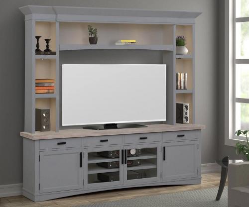Americana Modern 92 Inch TV Console with Hutch and LED Lights - Dove