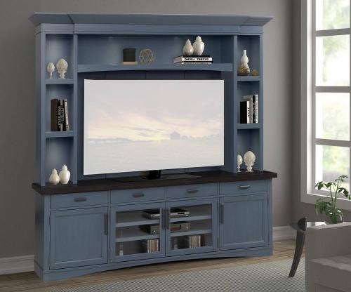 Americana Modern 92 Inch TV Console with Hutch, Backpanel and LED Lights - Denim