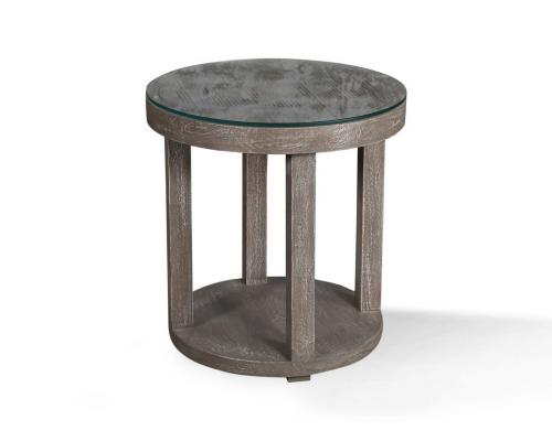 Crossings Serengeti Round End Table with Glass Top - Sandblasted Fossil Grey