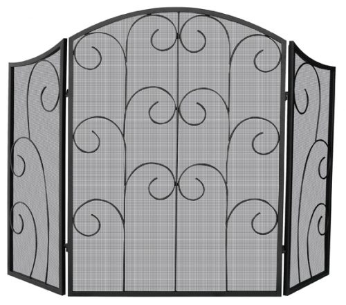 3 Panel Black Wrought Iron Screen With Decorative Scroll - Uniflame