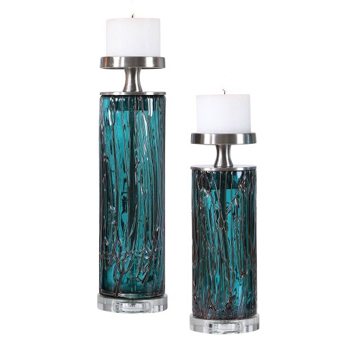 Almanzora Teal Glass Candleholders - Set of 2