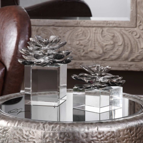 Indian Lotus Metallic Silver Flowers - Set of 2